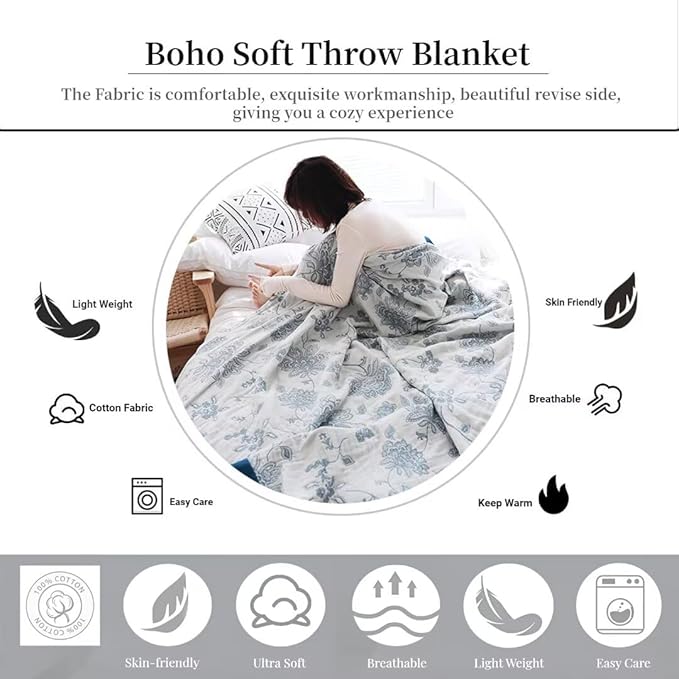 Boho Muslin Throw BlanketsQueen Size for Bed, Ultra Woven Cotton Throw Blankets for Farmhouse,Picnic,Travel, Lightweight Reversible Fall Blankets Cotton Home Docor Throw Blankets 80"x90"