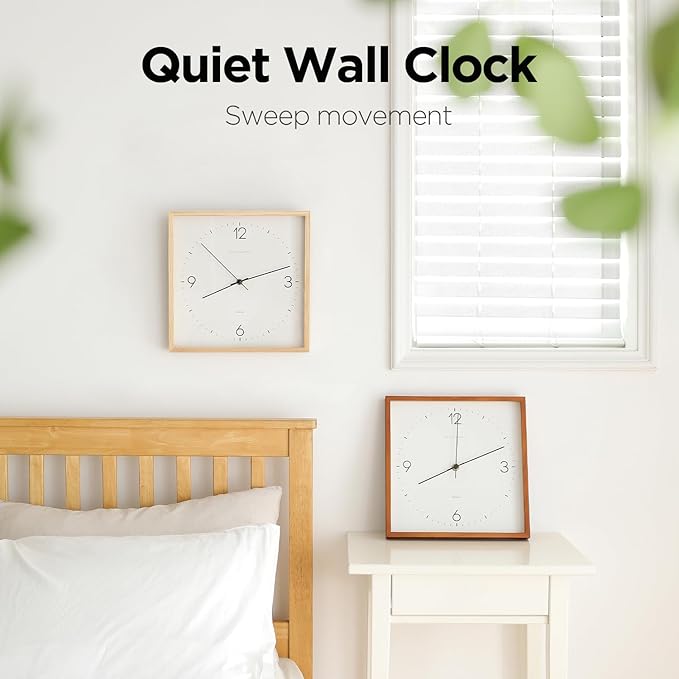 mooas Wooden Frame Flatwood Wall Clock,12" Non-Ticking Sweep Movement Decorative Battery Operated Wall Clock for Home Living Room Kitchen Bedroom Office School (Dark Brown)