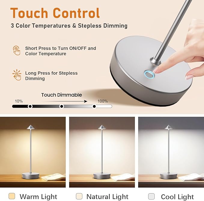 Set of 2 Rechargeable Cordless Table Lamp,6000mAh LED Battery Operated Desk Lamp Touch 3 Color Dimming Portable Outdoor Waterproof Table Light for Patio/Restaurant/Dining/Home (Silver)