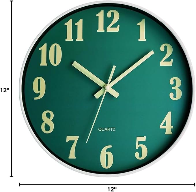 JoFomp Glow in The Dark Clock, 12 Inch Modern Silent Non Ticking Wall Clocks Battery Operated, Night Light Wall Clock for Living Room Decor, Wall Clock Decorative for Kitchen Bedroom (Green)