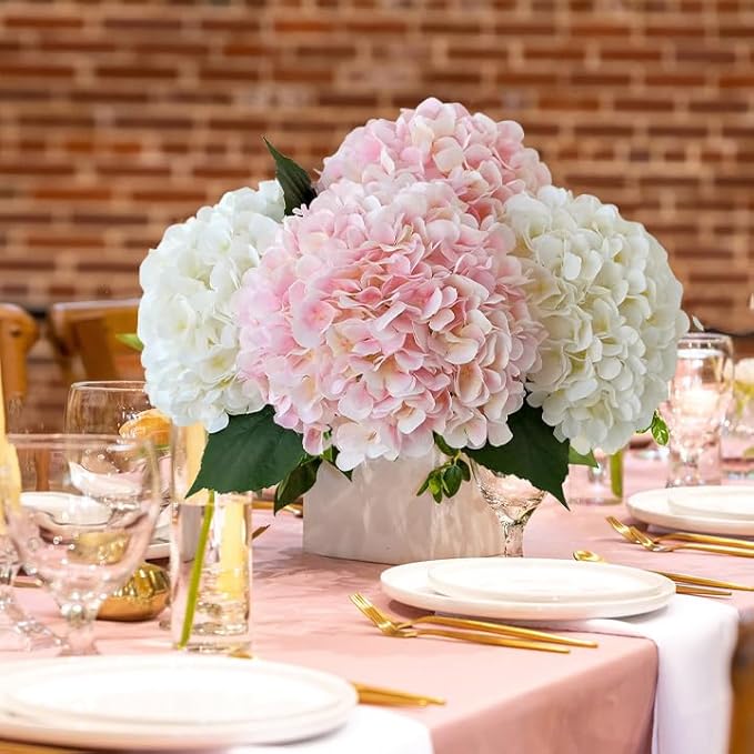 Silk Flowers Hydrangea Artificial Flowers, 4Pcs 22Inch Large Lifelike Faux Flowers, Full Fake Artificial Hydrangeas with Stems for Bouquet Table Centerpieces Home Decoration (White/Pink)
