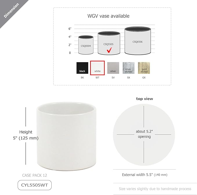 WGVI Matte White Ceramic Cylinder Vase Width 5.5" Height 5", Flower Arrangements, Candle Holder, Terrarium Planter Pot, Storage Container Organizer, Pen Brush Holder, Tabletop Decor, Bulk, 6 Pcs