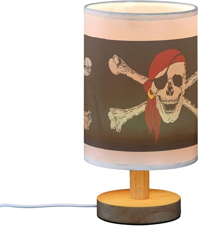 Table Lamp Pirate Skull Crossbones Nightstand Lamp with Wood Base Fabric Lamp Shade Bedside Desk Lamp for Living Room Bedroom Kids Room Office