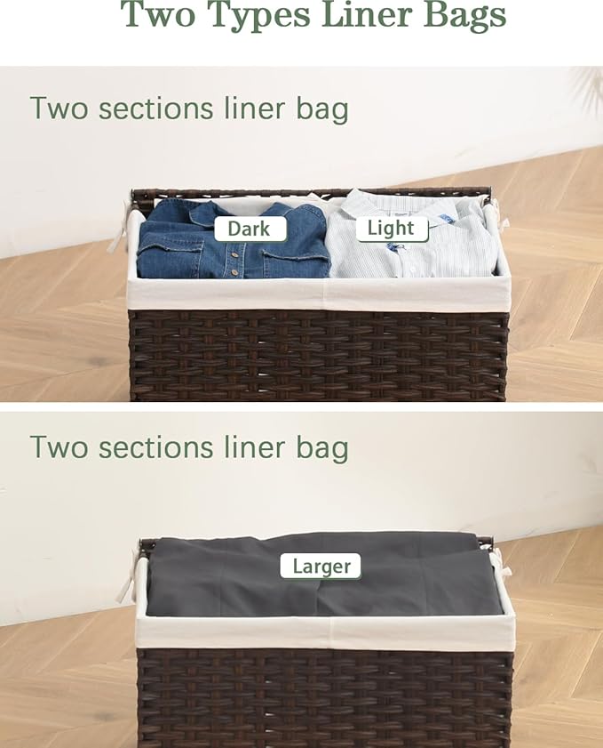Storage Basket with Lid Wicker Baskets for Storage with 2 Separate Lid 42.3 Gallon (160 L) 29.9 x 17.3 x 18.1 Inches Rattan Woven Large Wicker Basket with 2 Liners for Bedroom Laundry Brown