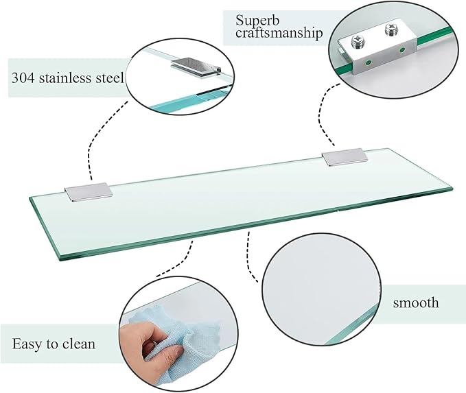Glass Bathroom Shelf Wall Mounted 9.84 inches Tempered Glass Stainless Steel Tempered Transparent Glass with Chrome Bracket for Bathroom Bedroom Kitchen Balcony