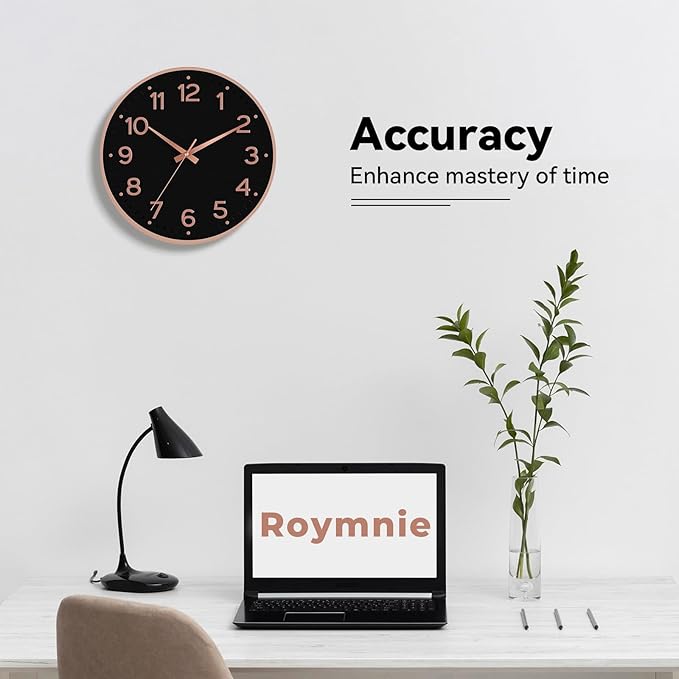 Wall Clock, Silent Wall Clocks Battery Operated 8 Inch-Modern Non Ticking Analog Clock Decorative for Kitchen Office Bathroom Bedroom(Black Rose Gold)