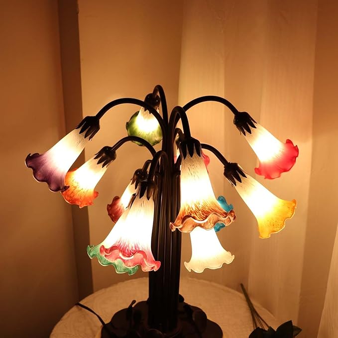 Bieye L10952 Lily Flower Blown Glass Accent Table Lamp for Living Room Bedroom Decoration (Multicolor, 12-Light)
