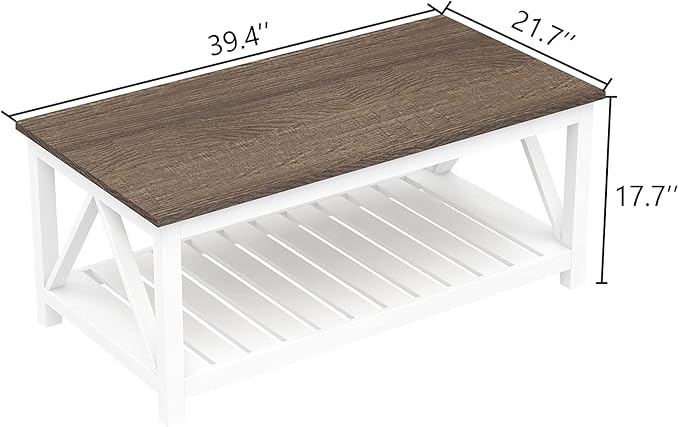 ChooChoo Farmhouse Coffee Table, Rustic Vintage Living Room Table with Shelf, 40 White