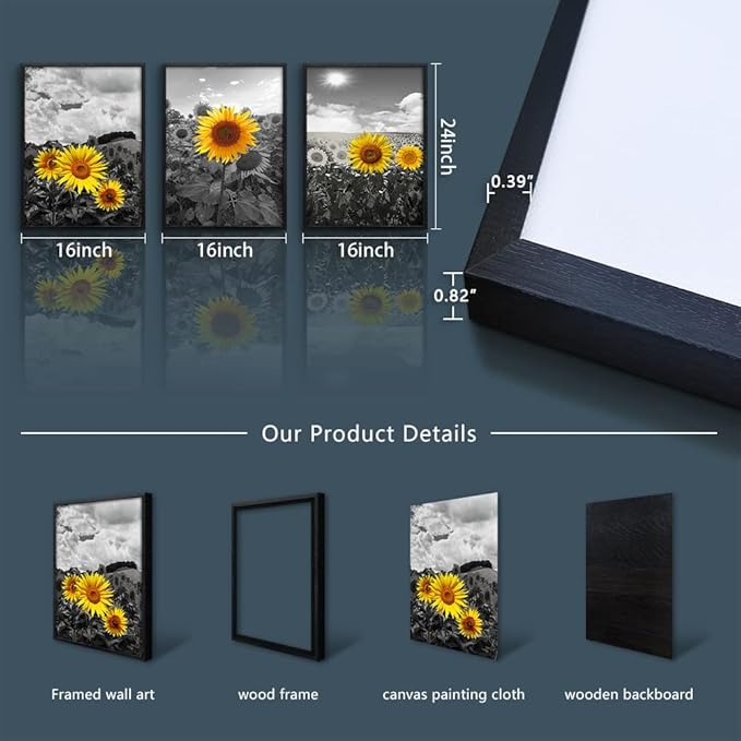 Black Framed Wall Art For Living Room Large Size Wall Decor For Bedroom Sunflower Flowers Wall Paintings Room Decor Black And White Wall Pictures Kitchen Home Decor Set of 3 Piece Framed Art Prints