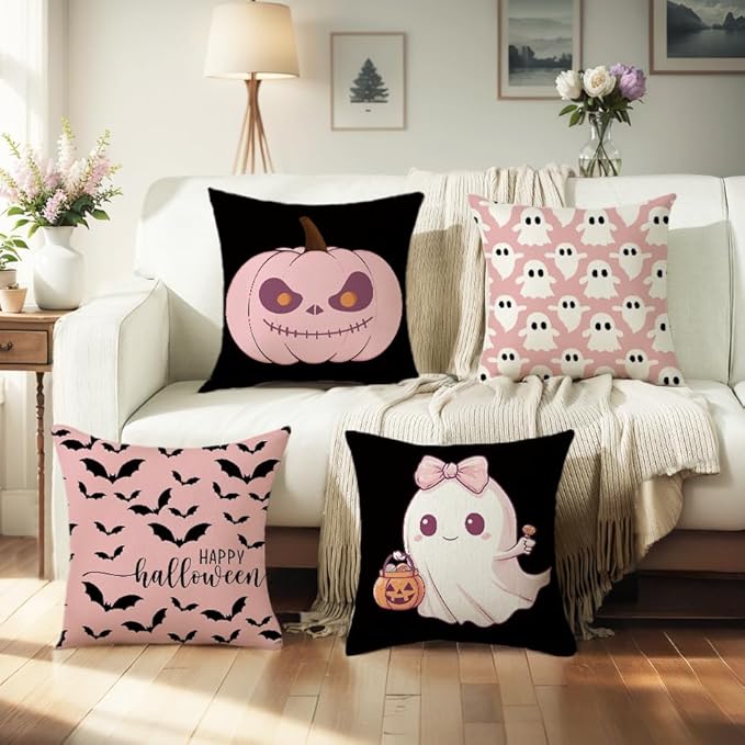 Halloween Pillow Cover 20x20 Inch Set of 4 Black White Skeleton Crow Spider Throw Pillow Covers Indoor Outdoor Farmhouse Decorative Pillow Case Halloween Home Sofa Bed Living Room Couch Decor