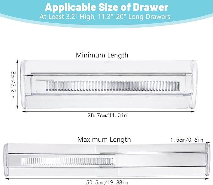 Drawer Dividers, 4 Pack Adjustable Drawer Organizers 3.2" High Expandable from 11.3-20" Clear Expandable Dresser Organizer for Clothes Kitchen Utensils Cutlery Drawer Organizers Set