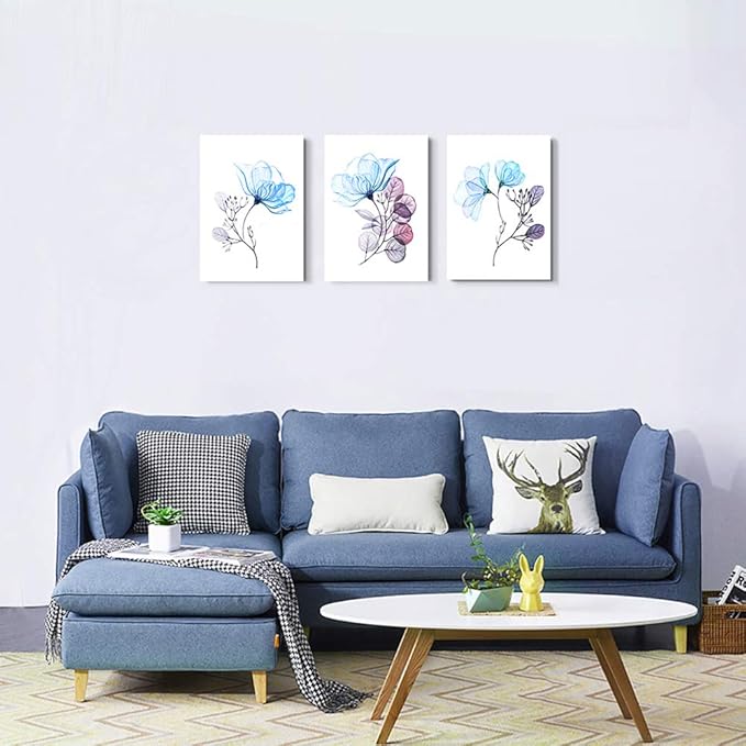 3 Piece Modern Blue Flowers Canvas Wall Art for Bedroom Living Room decor,Bathroom Wall Decor,3 Panels framed Wall Watercolor Painting Kitchen Home Decoration Canvas Print Artwork Wall Mural