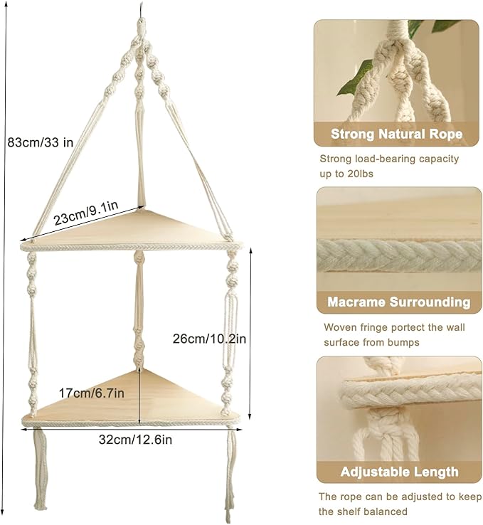 Artilady Macrame Corner Shelf Wall Hanging - 2 Tier White Corner Floating Shelves Boho Wall Decor, Rustic Wooden Plant Shelf Storage Rack for Bedroom Living Room Bathroom