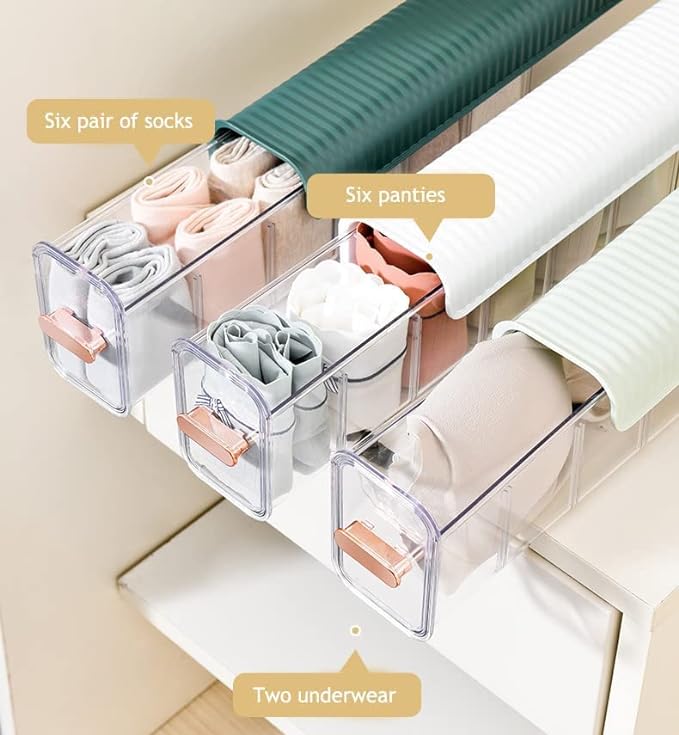 Socks Underwear Wall Mount Drawer Organizer, Switchable 6 Cell Drawer Acrylic Organizers Self-Adhesive Anti Dust Storage Boxes for Clothes Socks Lingerie Underwear Ties (Ivory white)