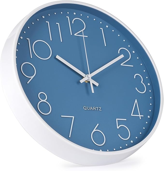 Wall Clock 12 Inch Non-Ticking Silent Modern Simple Style Round Decor Clock Cerulean Stereoscopic Dial Quartz Wall Clocks for Home/Office/School/Living Room/Bedroom/Kitchen