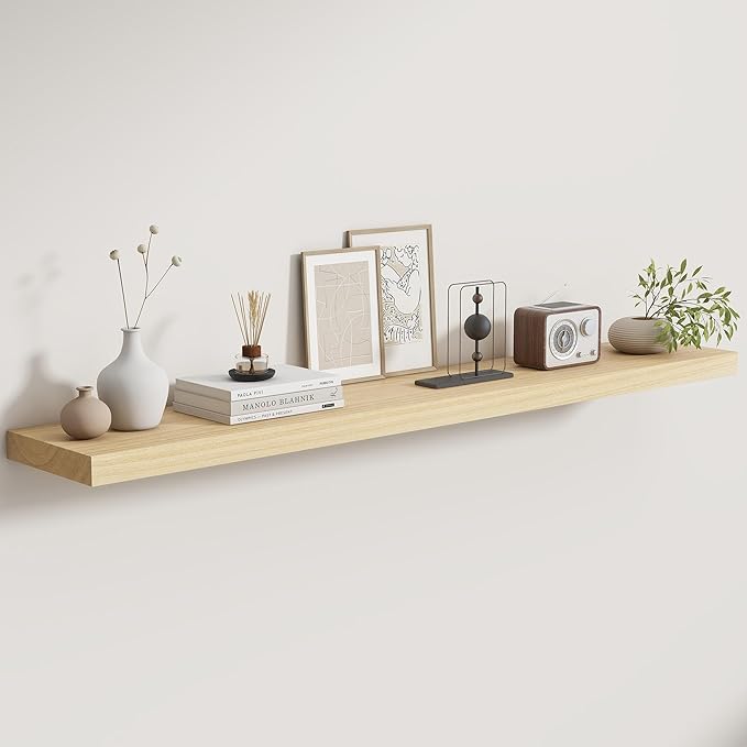 Fun Memories Rustic Real Wood Floating Shelves, 8 Inch Deep Floating Shelf Wall Mounted, 48" W x 8" D Wall Shelves Storage Shelves for Living Room, Bedroom, Bathroom, Natural Finish, Set of 1