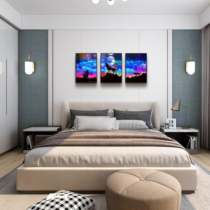 TTHYUEWS Black Framed Canvas Wall Art For Living Room Home Wall Decor For Bedroom Office Decor Wolf Landscape Wall Pictures Prints Artwork Blue Starry Sky Wall Painting Room Wall Decoration 3 Piece