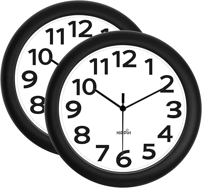 HIPPIH 2 Pack Silent Wall Clock, 10 Inch Non Ticking Quiet Digital Sweep Decorative Battery Operated Wall Clocks for Living Room Bedroom Kitchen School Office Decor, Black