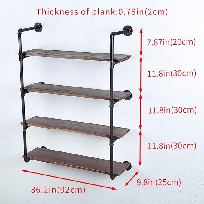 Industrial Pipe Shelving Wall Mounted,36in Rustic Metal Floating Shelves,Steampunk Real Wood Book Shelves,Wall Shelf Unit Bookshelf Hanging Wall Shelves,Farmhouse Kitchen Bar Shelving(4 Tier)