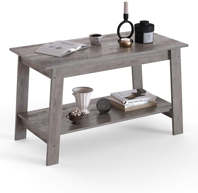 2-Tie Coffee Table, Rustic Wood Living Room Tables with Open Rectangular Storage Compartment, Coffee Tables for Living Room, Outdoors, Home Office, Bedroom, Grey