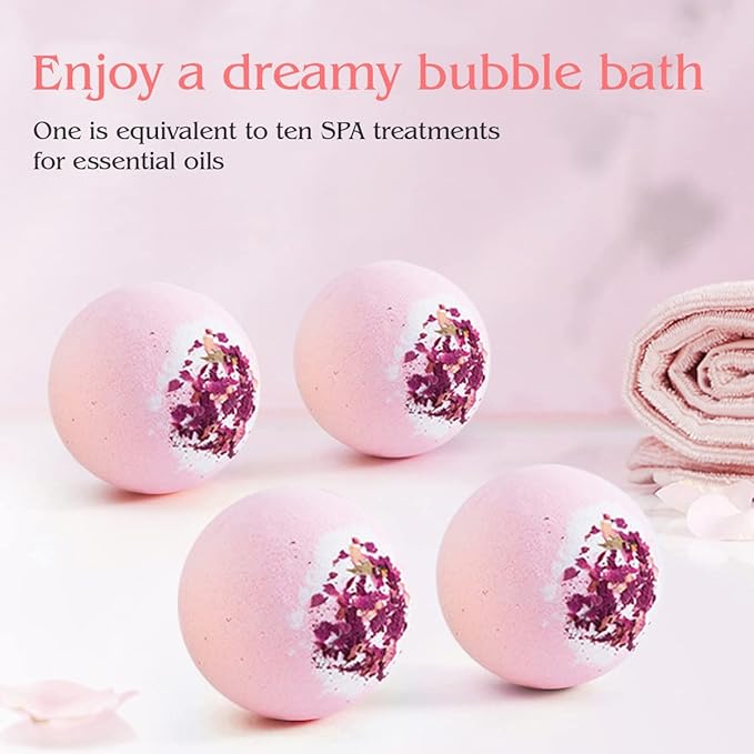 Dried Flower Bath Bombs Salt Balls,4 Pack Gift Set,Rose Extract Essential Oils,Moisturizing Dry Skin,Fizzy Spa,Relaxation,Self Care,Relaxing,Bubble Bath Bomb Gifts Idea for Men Women