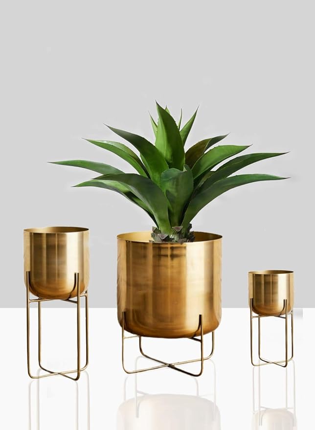 Serene Spaces Living Gold Planter with Detachable Stand – Modern Mid-Century Metal Pot for Indoor Plants – Decorative Flower Pot Holder for Living Room, Kitchen, Office, 14" Diameter & 23" Tall