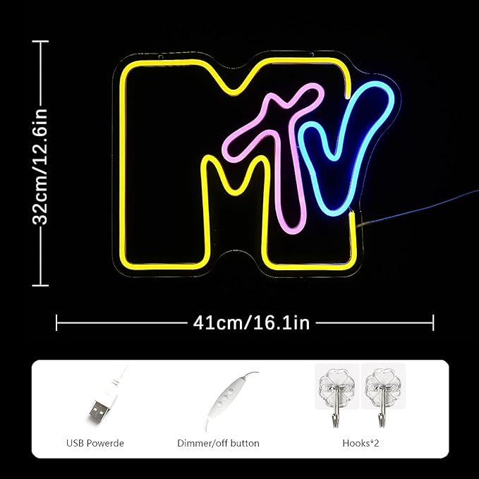 Neon Sign for Wall Decor - MTV Neon Light Up Sign Yellow LED Neon Light for Bedroom, Music Room, Record Room, Recording Studio, Bar Decoration