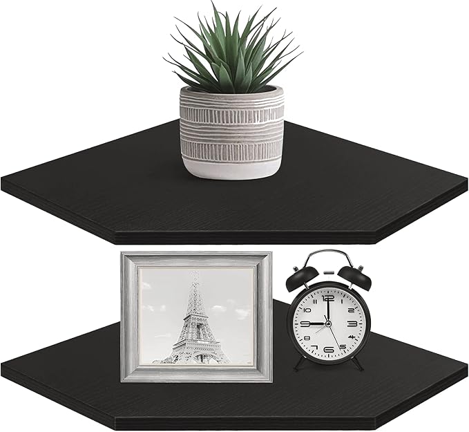 Homode Corner Shelf Wall Mount, Set of 2 Corner Floating Shelves with Wire Hole for TV, Cable Box, Wood Hanging Storage Shelf Organizer for Bathroom Kitchen Living Room Bedroom, Black