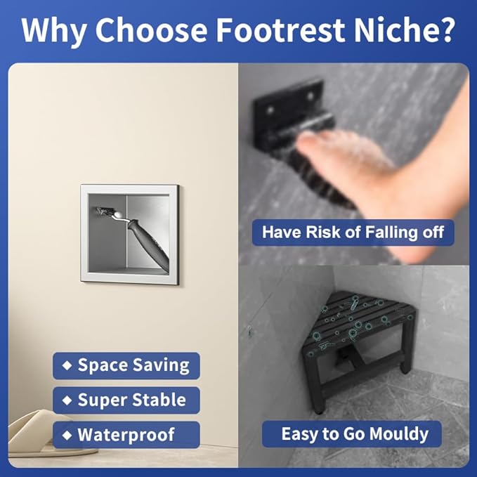 Shower Niche, 304 Stainless Steel Stool for Bathroom, Recessed Footrest w/Over Mount Installation, No Tile Need (Brushed, 4.8''x6'')