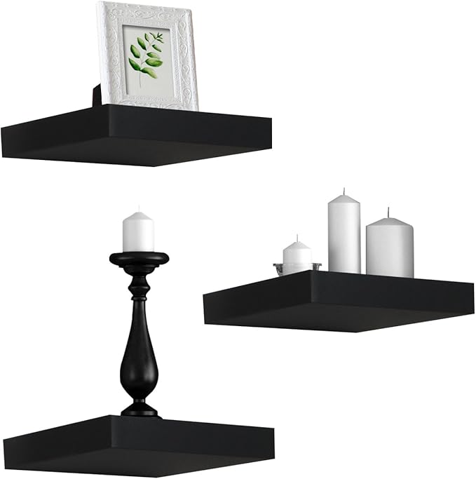 Sorbus Square Floating Shelf for Wall - 3 Small Shelves with Invisible Mounting Brackets for Living Room Decor, Bedroom, Bathroom Decor, Home & Kitchen - 9" Black Wall Shelf to Display Photos Trophies