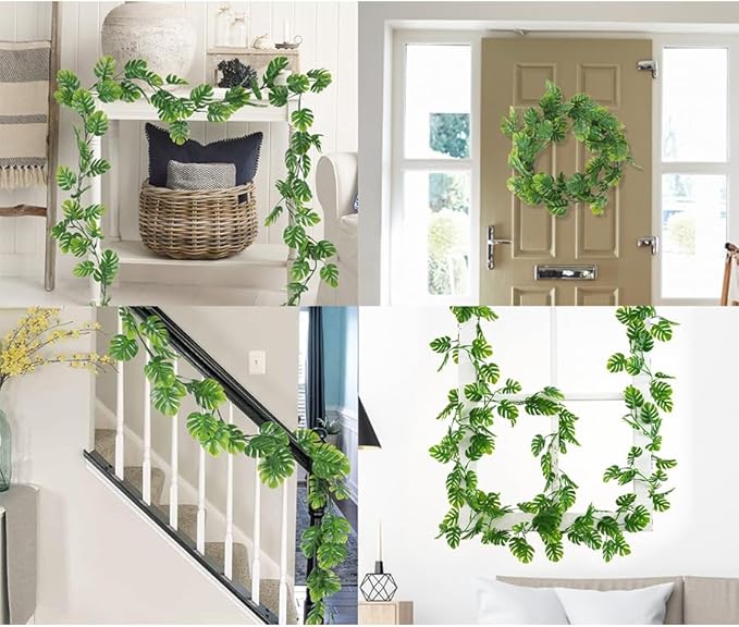 6Pcs Artificial Monstera Leaf Vines, 5.9FT Faux Tropical Monstera Garland Fake Hanging Plant Ivy Palm Leaves Greenery Vine for Garden Porch Patio Jungle Luau Party Beach Birthday Indoor Outdoor Décor