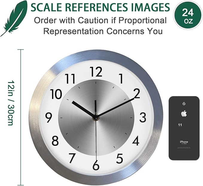 Non Ticking Silent Wall Clock Decorative,Analog Metal Wall Clock Battery Operated,Bedroom/Living Room/Office/Kitchen Clock,Sliver,12 inch