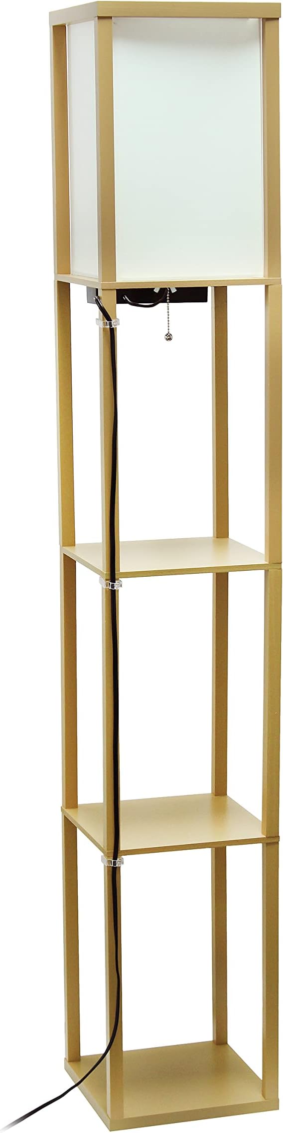 Simple Designs LF1037-TAN Floor Lamp Etagere Organizer Storage Shelf with 2 USB Charging Ports, 1 Charging Outlet and Linen Shade, Tan