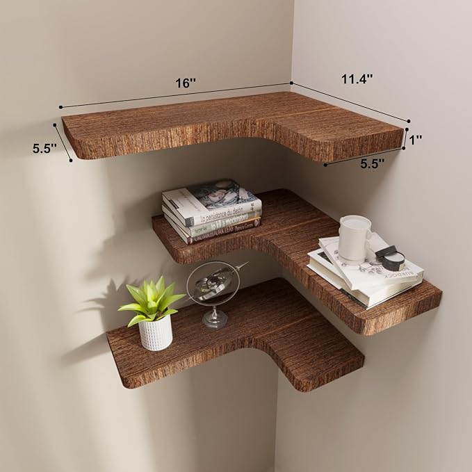 SAUMONIERES Corner Floating Shelves Wall Mount Shelf Solid Wood for Bedroom Bathroom Room Kitchen Storage Set of 3, Rustic Brown, Invisible Brackets