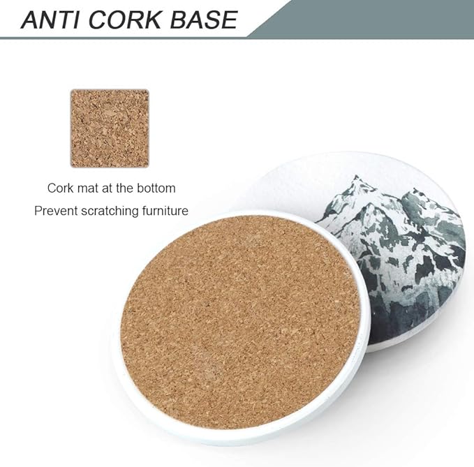 Lahome Mountain Range Coasters - Round Drinks Absorbent Stone Coaster Set with Ceramic Stone and Cork Base for Kinds of Mugs and Cups (Mountain Range, 4)