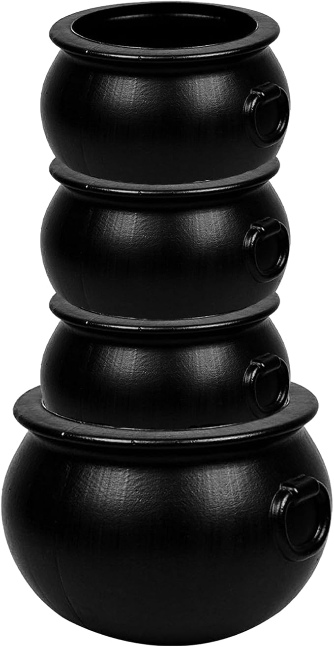 PMU 4pc Halloween Cauldron - Multi-Pack Assortment Plastic Candy Holder for Kids - Halloween Party Favors & Supplies - Black - (1) 16" 20115, (3) 8" 55280 (Handles not included)