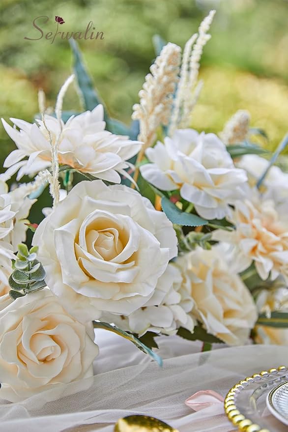 Serwalin Artificial Flowers Boho Champagne Fake Silk Flowers for DIY Wedding Bridal Bouquets, Wedding Cake Flowers for Table Centerpieces Arrangements Party Baby Shower Home Decorations