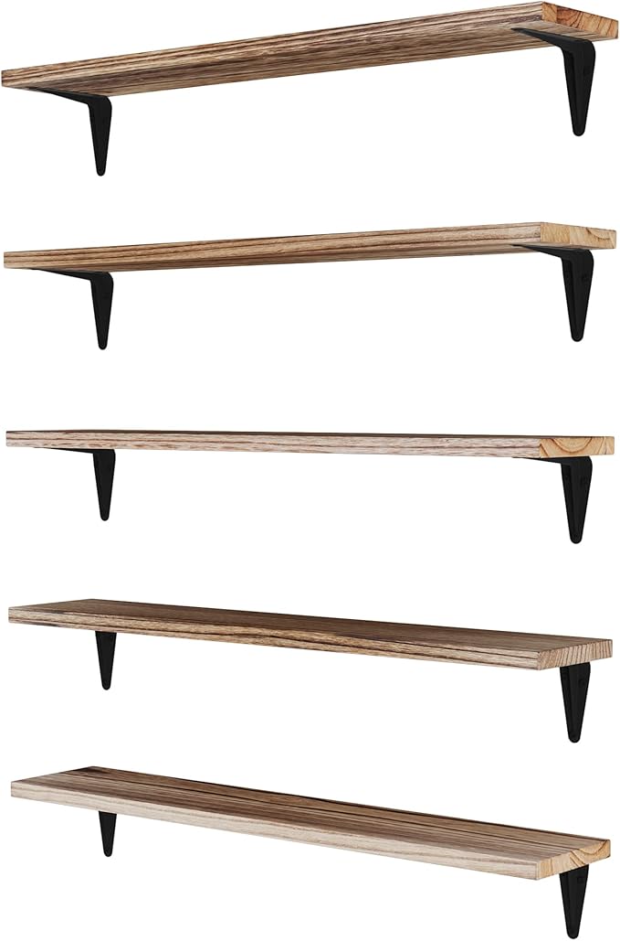Wallniture Arras Wood Floating Shelves for Wall Storage, 24" Living Room Bookshelves, Kitchen Shelves for Bedroom & Office Burnt Finish Set of 5