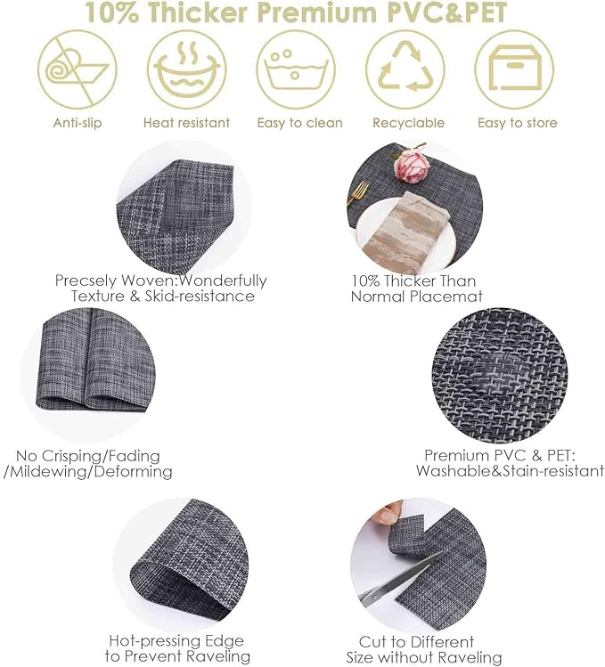 GIVERARE Placemats Set of 4, Heat-Resistant Woven Vinyl Placemat 12x18in, Non-Slip Washable PVC Table Mat, Easy to Clean Premium Plastic Mats for Dining, Kitchen Table (Dark Gray)