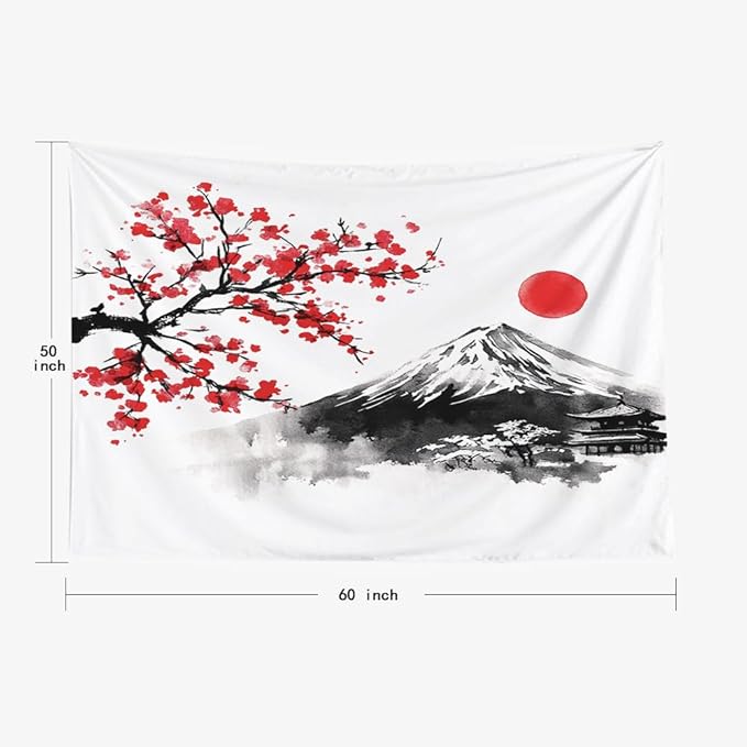 EMMTEEY Mountain Tapestry Wall Art for Bedroom 60X50 Inch-Ink Red Flowers and Fuji Mountain Durable Hanging Tapestry for Living Room