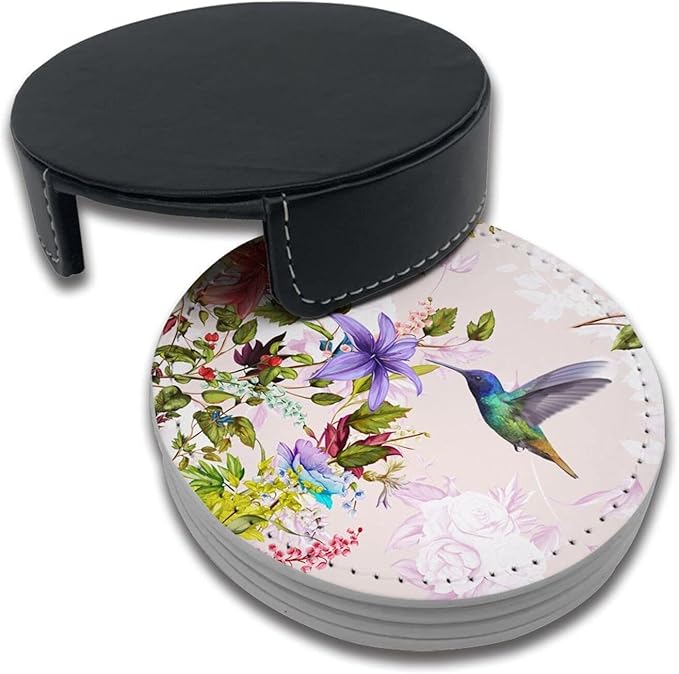Hummingbirds Bird Flower Coasters for Drinks with Holder Leather Coasters Set of 6 Table Decor Protect Furniture from Water Marks Scratch and Damage