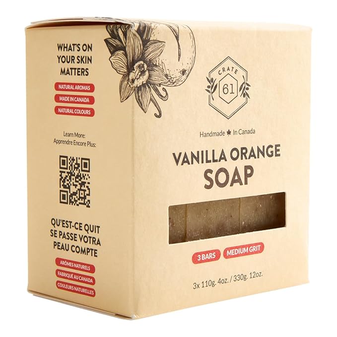 Handmade in Canada, Plant Based Cold Process Natural Bar Soap For Face And Body, With Premium Essential Oils, For Men And Women 3 Pack (Vanilla Orange)