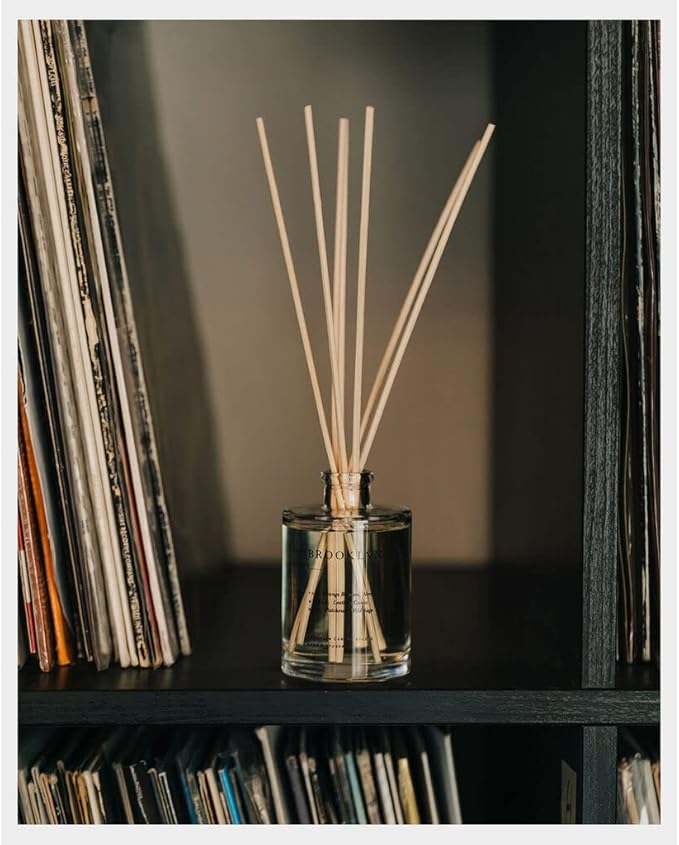 Brooklyn Candle Studio Reed Scent Diffuser - Brooklyn - Relaxing Oil Diffuser, Sage, Cassis & Orange Blossom Fragrance, 8 Rattan Diffuser Reeds, Clean Ingredients - 4.4oz