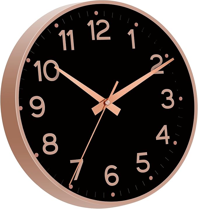Wall Clock, Silent Wall Clocks Battery Operated 8 Inch-Modern Non Ticking Analog Clock Decorative for Kitchen Office Bathroom Bedroom(Black Rose Gold)