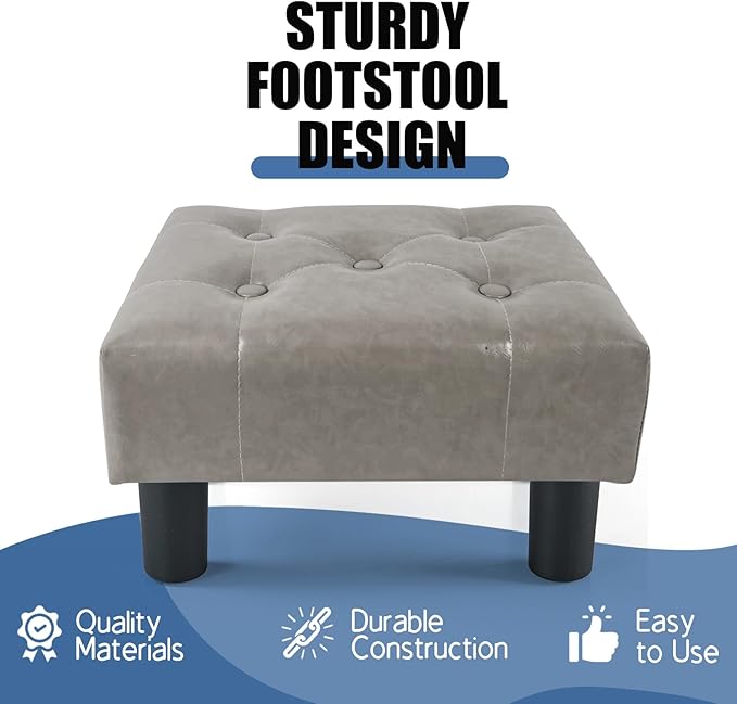 BRIAN & DANY Small Foot Stool, Leather Foot Stools with Legs, Stable Small Footstool for Living Room, Grey