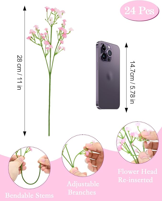 48Pcs Babys Breath Artificial Flowers, Fake Baby Breath Flowers Artificial Bulk Faux Gypsophila Real Touch Flowers for Wedding DIY Bouquet Floral Arrangement Party Home Garden Decoration, Pink