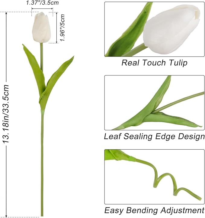 Beferr 10pcs White Tulips Artificial Flowers Faux Silk Tulip Real Touch Tulip Fake Flowers Bouquets Arrangements for Mothers Day Spring Easter Wedding Flowers Gifts Home Table Decor