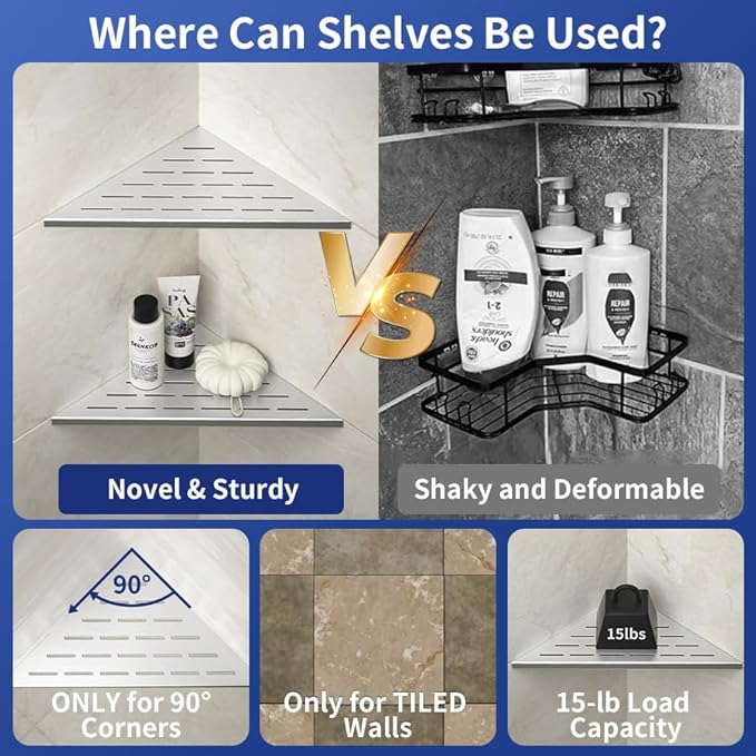 Corner Shower Shelf, 12" Brushed 304 Stainless Steel Slot Design Recessed Corner Shelves 2 Pack Bathroom Shelf Rack for Tiled Wall, Large Size