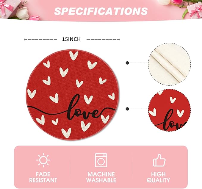 Artoid Mode Red Love Round Valentine Placemats Set of 4, 14 Inch Anniversary Wedding Round Table Mats for Dining Decoration