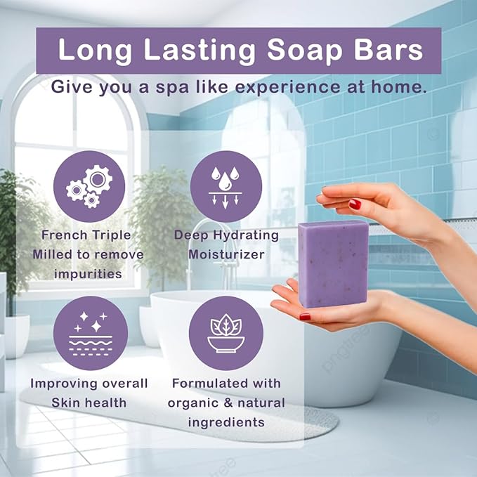 Lavender with Flowers Scented Natural Soap Bars (5 Bars), 3.5oz Moisturizing French Triple Milled Soap Bars Enriched with Shea Butter - Pure Plant Oil Bath & Body